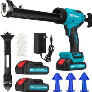 SEESII Cordless Caulking Gun, 21V Battery Powered Caulk Gun, Electric Caulking Gun w/2 x 2.0Ah Batteries, 9Pcs Caulk Remover Tool, LED Light, Auto Retract for Filling, Sealing