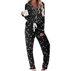 Ekouaer Women's Pajamas Long Sleeve Sleepwear Casual Button Down Loungewear Soft Pjs Set S-XXL (Medium, Black With Stars)