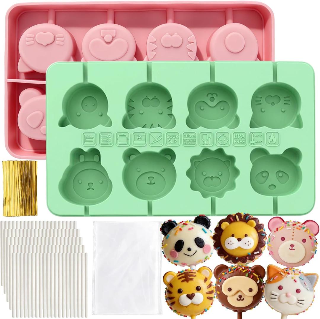 Juome Cake Pop Mold Kit, 2 Pack 16 Cavities Animal Shape Cakesicle Molds Silicone with 100 Wooden Sticks&100 Packaging Bags, Cake Pop Maker Supplies Accessories, Baking Tools for Home Baking Desserts