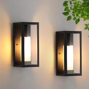 Porch Lights Outdoor, Exterior Wall Lantern Waterproof, Black Outside Porch Sconce Lighting with Glass Shade & Candle Cover Sleeve for House Garage Doorway Patio, 2 Pack