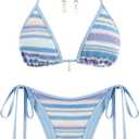 ZAFUL Women's Colorblock Stripes Triangle Halter Tied Cheeky Thong Bikini Set High Cut Two Piece Bathing Suit, Size: L