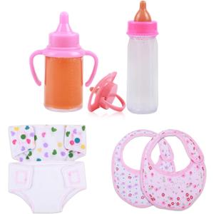 CARANOVO Baby Doll Accessories Set 7 Pcs Feeding and Caring Set with Magic Disappearing Bottles, Pacifier, Diapers and Bibs Doll Pretend Play Gift for Kids