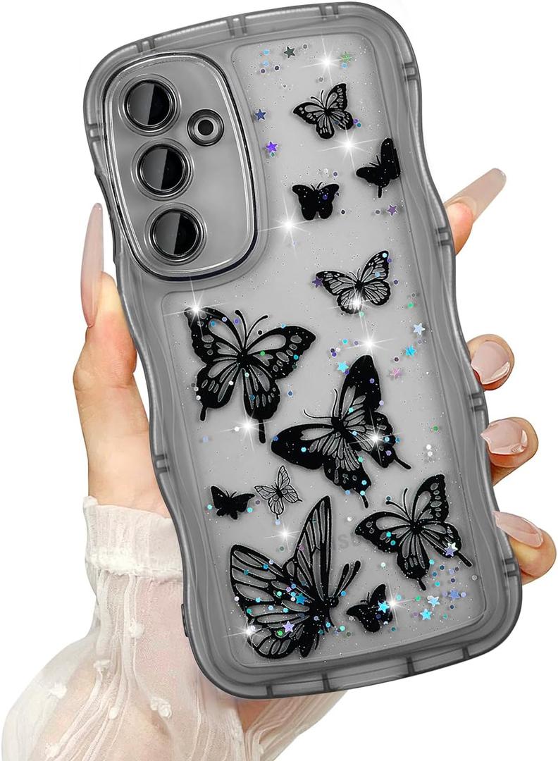 UEEBAI Wave Butterfly Case for Samsung Galaxy S23 Plus Case, Pretty Bling Star Butterfly for Women Cute Shiny Glitter Phone Cover for Girls Bling Clear Cover Curly Shockproof Girly Shell - Black