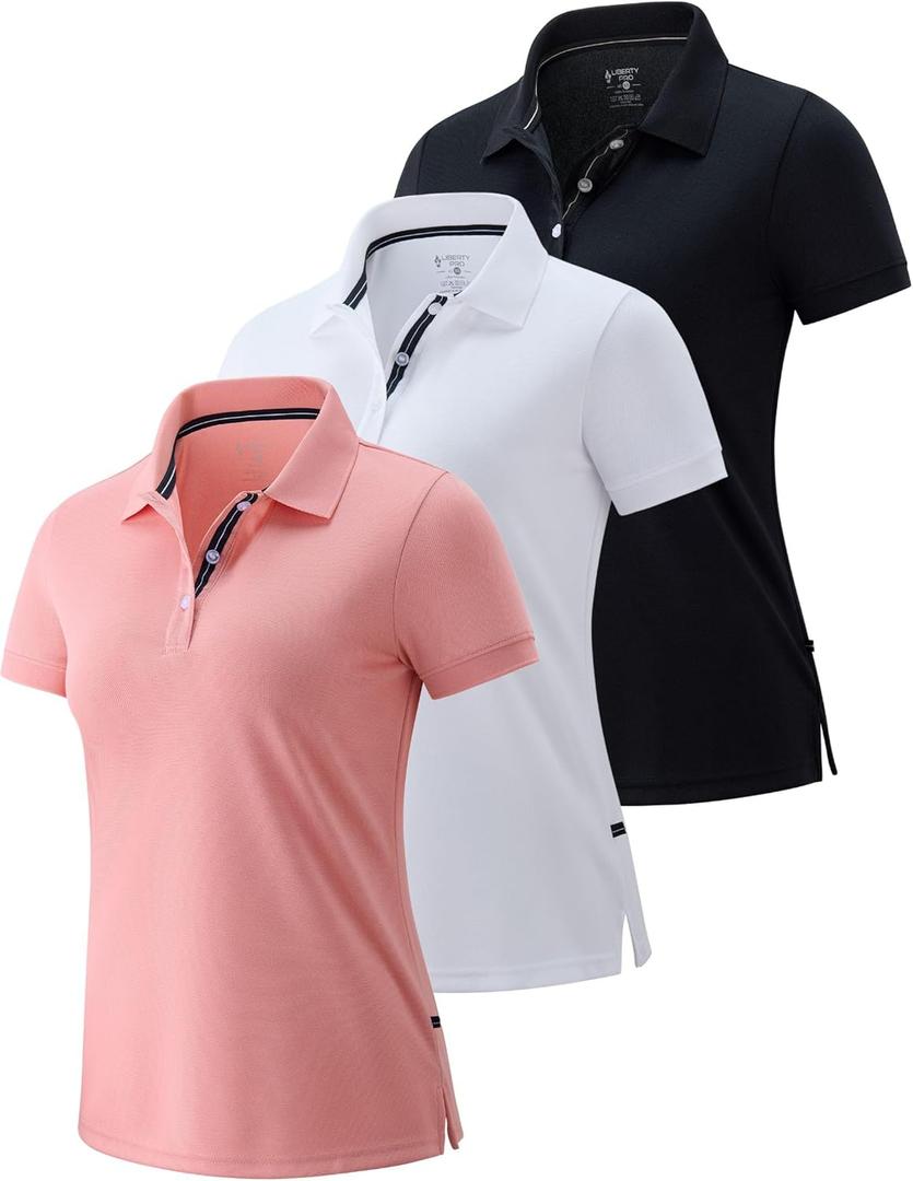 3 Pack Women's Athletic Dry Fit Polo Shirts, Wicking Short Sleeve Collared Golf T Shirt Tennis Tops (Pink/Black/White) Small