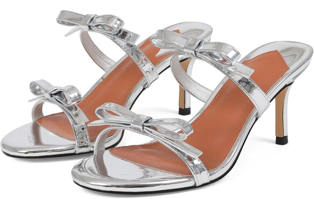CYNLLIO Bow Kitten Heels for Women Strappy 2.9 Inch High Heel Graduation Sandals Prom Stiletto Heeled Round Open Toe Slides 2026 Backless Dressy Party Shoes (Silver)