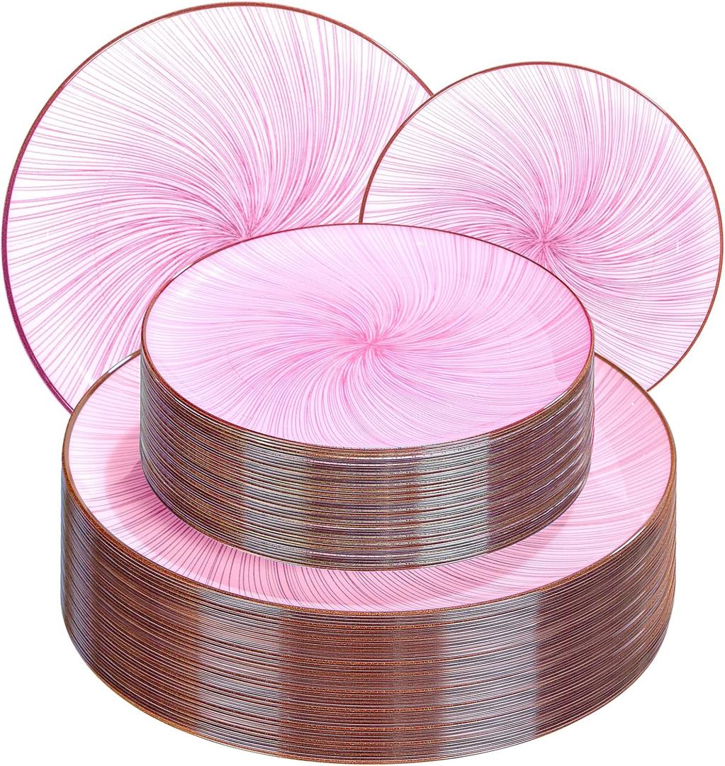 LIYH 60 Pcs Pink Plastic Combo Plates Set - Heavy Duty Pink Scalloped Plastic Disposable Plates for Party - 10.25" Dinner & 7.5" Dessert Plate 30 Guests
