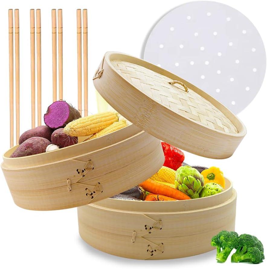 2-Tier Bamboo Steamer Basket Set 10-Inch, 50 Liners & 4 Pairs Chopsticks for Dim Sum, Dumplings, Buns, Seafoods, Rice and Asian Foods