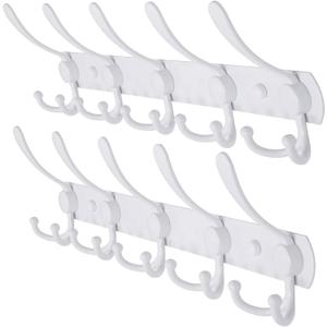 Dseap Wall Mounted Coat Rack - 5 Tri Hooks, Heavy Duty, Stainless Steel, Metal Coat Hook Rail for Coat Hat Towel Purse Robes Mudroom Bathroom Entryway (White, 2 Packs)