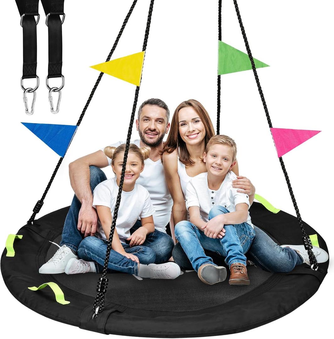 HeyZoo Tree Swing, 60 inch Larger Saucer Swing for Whole Family, 900lbs Weight Capacity, with Adjustable Hanging Straps, for Outdoor Backyard, Gifts for Kids, Black