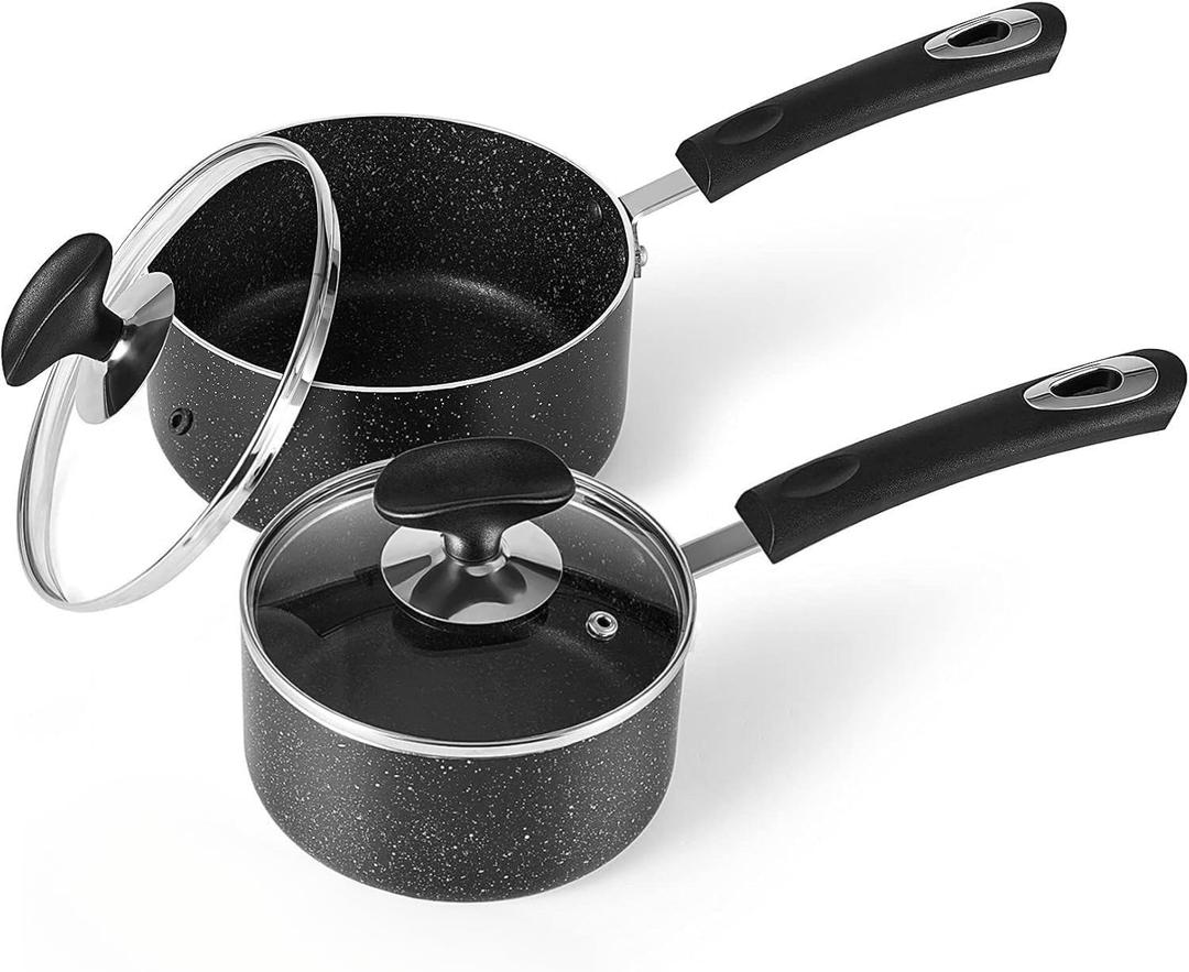 Nonstick Saucepan Set with Lid, Non Stick 1Qt & 2Qt Sauce Pan Set with Glass Lid Small Pot for Home Kitchen (Black)