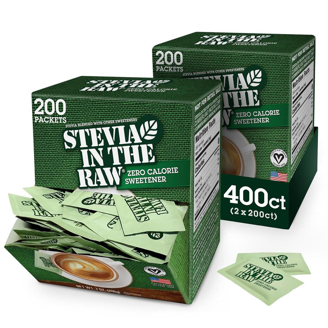 Stevia In The Raw, Plant Based Zero Calorie Sweetener, No Erythritol, Sugar Substitute for Coffee, Hot & Cold Drinks, Suitable For Diabetics, Vegan, Gluten-Free, 200 Count Packets (Pack of 2) (BBD 05/19/2028)