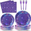 100Pcs Purple Glitter Party Decorations Demon Purple Sparkling Holographic Laser Paper Plates Napkins Disposable Tableware Set for Hunters Birthday Wedding Disco Bachelorette Party Supplies Serves 25
