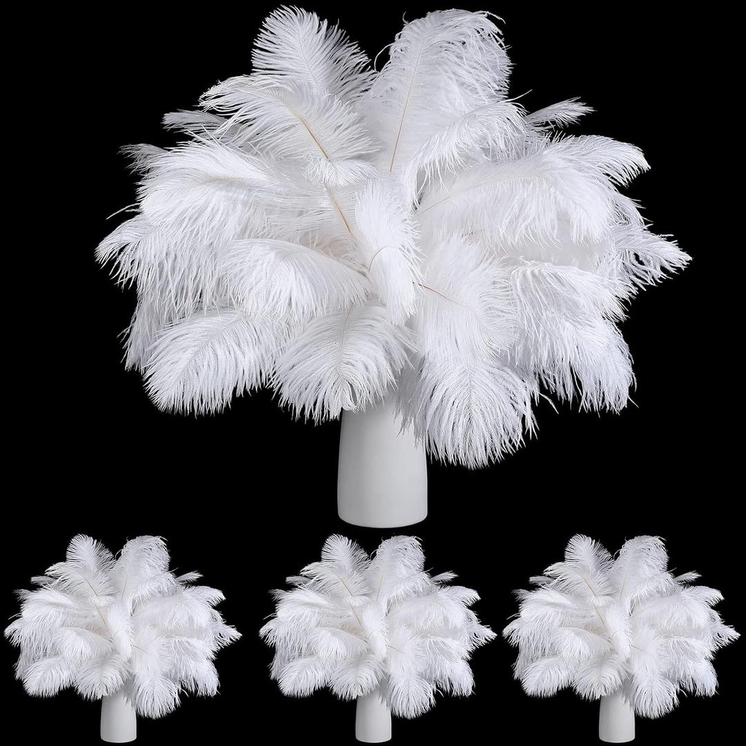 TaoBary 60 Pcs Natural Ostrich Feathers Plumes for Christmas Wedding Birthday Party Centerpieces 12-14 Inch, 10-12 Inch, 8-10 Inches Vase Feathers Flower Arrangement Decors DIY Crafts(White)