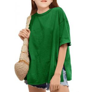 CharmWM Girls Fashion T Shirts Raw Hem Oversized Summer T Shirt Short Sleeve Tops Tees Shirt 5-14 Years (Green)
