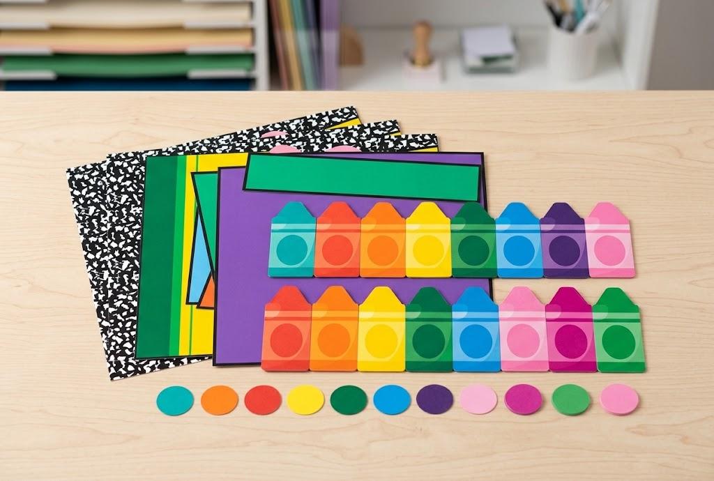 Colorful Crayon Cutouts Classroom Bulletin Board Set – Back to School Paper Cut-Outs & Decorative Borders
