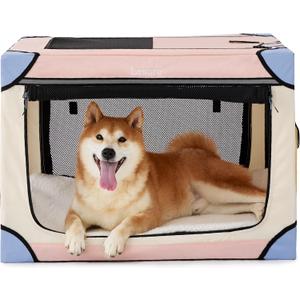 Lesure Soft Collapsible Dog Crate - 30 Inch Portable Travel Crate for Medium Dogs Indoor & Outdoor, 4-Door Foldable Pet Kennel with Durable Mesh Windows, Pink