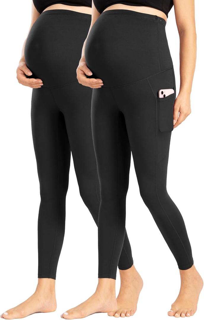 ENERFUL Women's Maternity Leggings Over The Belly with Pockets Pregnancy Pants Active Wear Workout Yoga Tights (Large, Black+black)