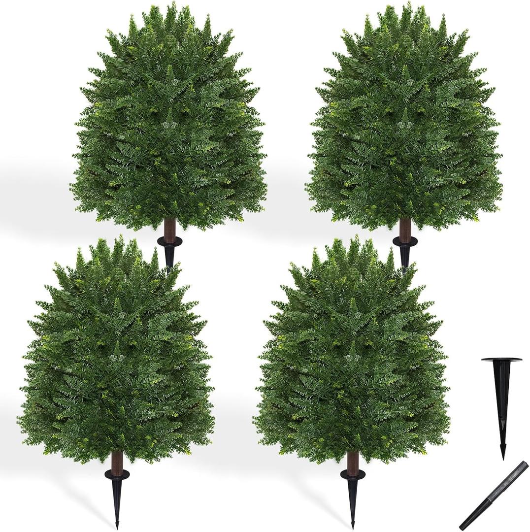 28.5" Artificial Cypress Trees Set of 4 UV Resistant Cedar Evergreen | Set of 4 UV-resistant 28.5" faux cypress trees. Ideal cedar evergreen shrubs for indoor outdoor porch garden yard decor.