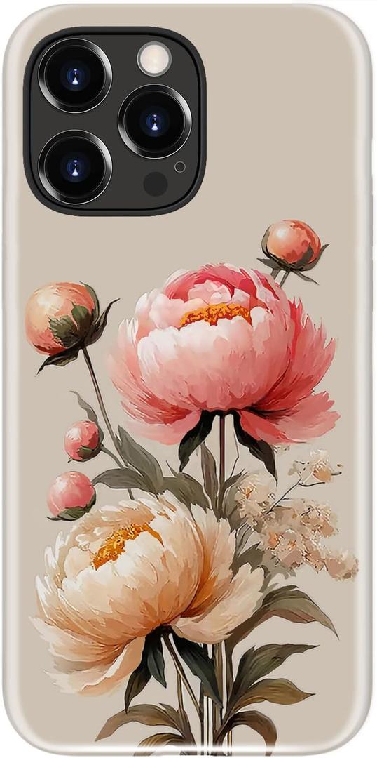 for iPhone 14 Pro Case Cute - Wireless Charging Compatible - Dual-Layer Hard Shell + Silicone Cover - Aesthetic Protective Trendy Phone Case for Women - Blooming Peony