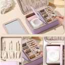 Velvet Travel Jewelry Box with Large Mirror, Double-Layer Jewelry Organizer Case for Women and Girls, Portable Storage Case with 6 Anti-Tarnish Bags Gift Ready for Her (Lavender)