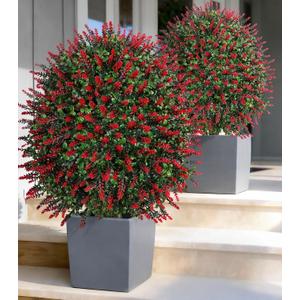 HyeFlora 26'' Artificial Boxwood Topiary Trees with Lavender 2 Pack Fake Plants for Outdoor Indoor Artificial Shrubs with Metal Ground Spike UV Resistant Fake Bushes for Front Porch Garden, Red
