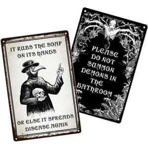 2 Pieces Gothic Bathroom Tin Signs, Dark Humor Black Goth Witchy Decoration Wall Art, 8x12 Inch / 20x30cm