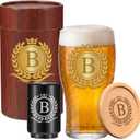 Personalized Beer Glasses Gifts for Men, Monogrammed Engraved A-Z 16 oz Beer Glass Customized Gift, Unique Father's Day Birthday for Men Him Dad Husband Brother Son with Wood Coaster & Bottle Opener