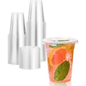 Vplus 200 Pack 12 OZ PET Clear Plastic Cups with Lids, 12 OZ Crystal Cold Disposable Drinking Plastic Cups with Flat Lids, Perfect for Ice Coffee, Smoothie, Juice