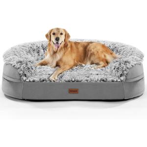 iweepet 3.7 inch Thickened Orthopedic Dog Beds for Extra Large Dogs, Fluffy Supportive Dog Sofa Bed with 28D Egg-Crate Foam, Removable Washable Cover, Waterproof Lining, Cozy Oval Design, Grey