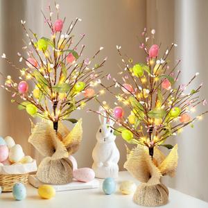 EAMBRITE Easter Decorations Easter Egg Tree with Lights, Lighted Trees Battery Powered, Tabletop Centerpiece Decor with Colorful Egg Ornaments for Home Table Party Spring Decoration (2 Pack)