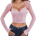 Avidlove Mesh Crop Top with Shrug Long Sleeve Sheer Top Sexy Low Cut Shirt Going Out 2 Pieces Clubwear (Small, Pink)
