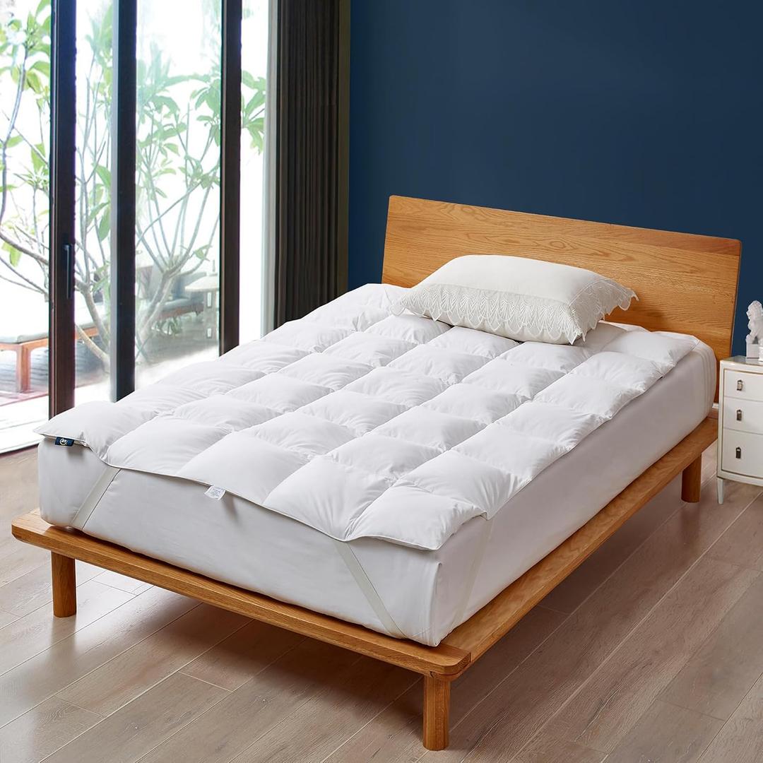 Serta White Goose Feather Down Bed Mattress Topper Full Size - Plush Fluffy Anchor Bands Mattress Pad 240 Thread Count 100% Cotton Fabric Featherbed, 54"x75"