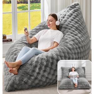 Hobestluk 3 in 1 Bean Bag Chair Giant Bean Bag Chairs for Adults with Bubble Cover Convertible Bean Bag Floor Cushion with Machine Washable Cover for Living Room  Ash Grey, Large