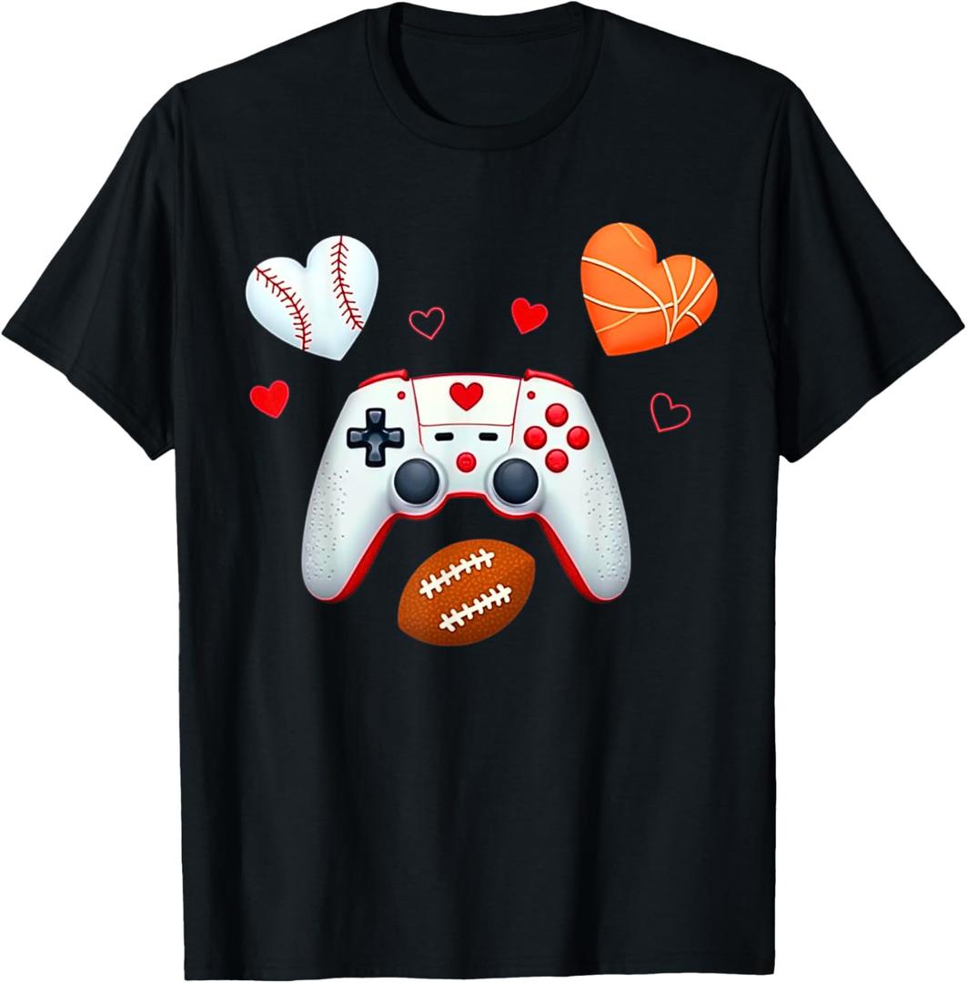 Valentines Day boys men Hearts gaming Basketball Baseball T-Shirt (Small, Black)