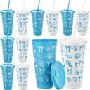 12 Pcs 24 oz Blue Bow Starfish Seashell Plastic Cups with Lid Straw Beach Party Blue Coastal Reusable Cup Bulk Ocean Nautical Coffee Tumbler for Wedding Birthday Sea You Soon Baby Shower Summer Party