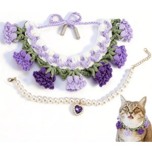 2Pack Knitted Cat Collar, Purple Knit Bib + Pearl Necklace