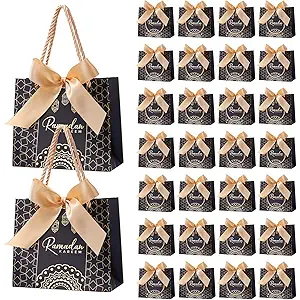 Marspark 30 Pcs Ramadan Mubarak Reusable Gift Bags with Bow, Black Gold Foil Stamping, Eid Mubarak Treat Bags with Handles, Reusable Eid Basket for Gifts Wrapping, Kareem Party Supplies, 14*6*12cm