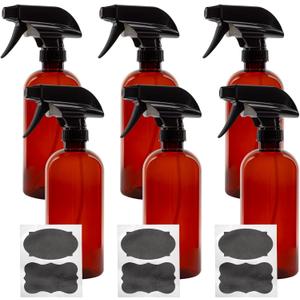 Cornucopia Brands 16oz Amber PLASTIC Spray Bottles w/Heavy Duty Mist & Stream Sprayers & Chalkboard Labels (6-pack); PET #1 Plastic Bottles, BPA-Free