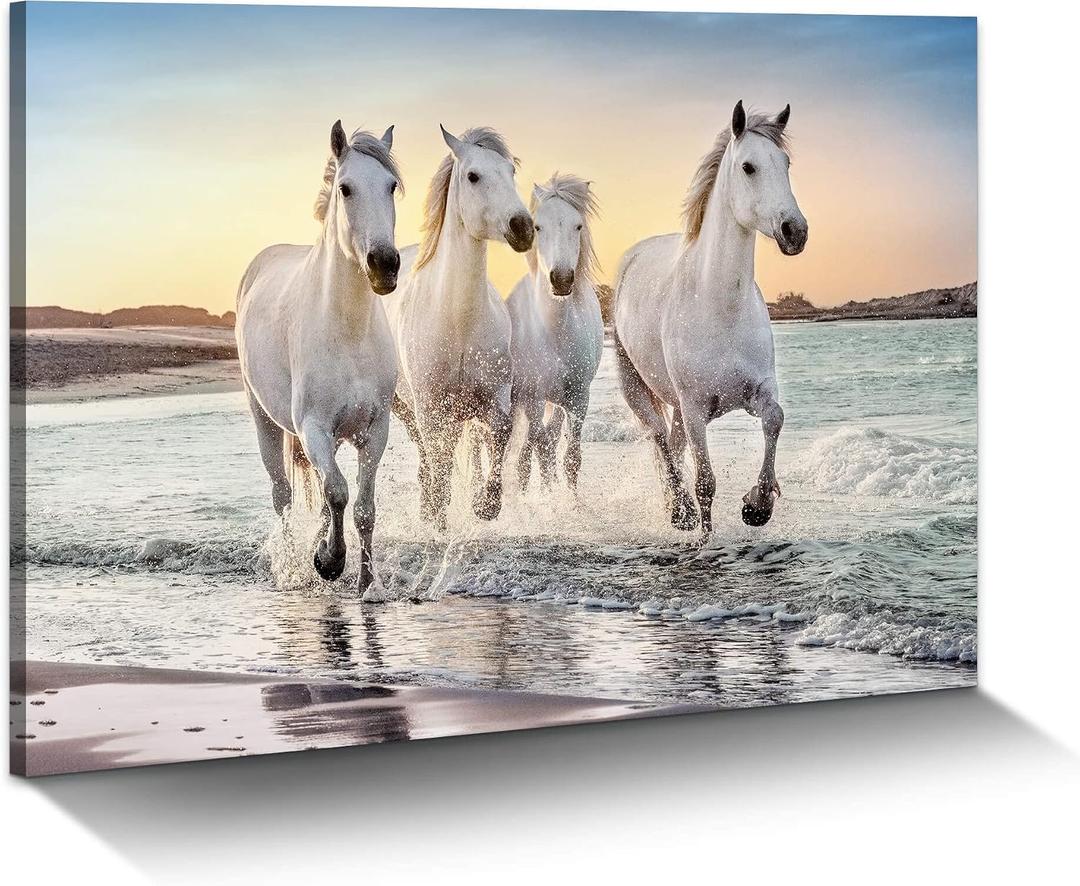 Beach Horse Canvas Wall Art: White Elegant Equines Photo Prints Graceful Seaside Animals Office Painting Ocean Steeds Running Picture Coastal Wildlife Galloping Artwork for Bedroom Bathroom