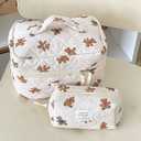 Beige MakeUp Bag Set 3PCS Quilted Make Up Pouch Cute Cotton Cosmetic Bag for Travel Striped Bear Large Toiletry Bag For Women(C)