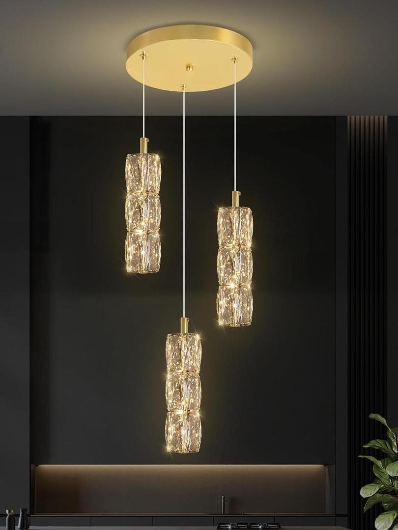 ykolupty 3-Light Gold Chandelier with Dimmable Ceiling Light Crystal Pendant Light for Kitchen Island, Dining Room, Living Room, Entry Hallway