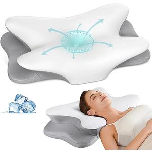 Cervical Neck Pillow, Memory Foam Pillows for Neck and Shoulder Pain Relief, 2 Heights Ergonomic Pillow with Breathable Ice Silk Cover, Neck Support Pillow for Side Back Stomach Sleepers, Odorless