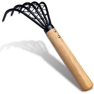 Garden Rake 5-Claw Landscape Dethatcher Thatching Beach Combing Rake for Digging Clam Shell Defoliation Hoe Garden Tool for Loosen The Soil (Brown)