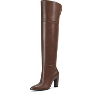 wetkiss Thigh High Boots for Women Brown Over the Knee Boots Wide Calf Tall Long Chunky Block Heel Pointed Toe Half Side Zipper Womens High Heeled Fall Winter Size 7.5