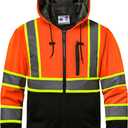 High visibility Hoodie for Men,Class3 Hi Vis Hoodie,Fleece Lined Reflective Hooded,Construction work Hi-Vis Safety Sweatshirt,Black Bottom Orange XL