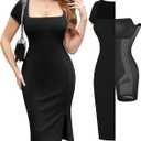 Popilush Summer Cocktail Midi Dresses for Women Shapewear Bodycon Short Sleeve Square Neck Dress (Medium, Black)