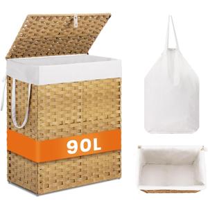 Sweetcrispy Foldable Laundry HamperLarge Capacity Clothes Basket with Lid, 23.8 Gallon (90L) Bin for Bedroom, Bathroom, and Wash RoomDouble Insert Storage Organizer, Goose Yellow