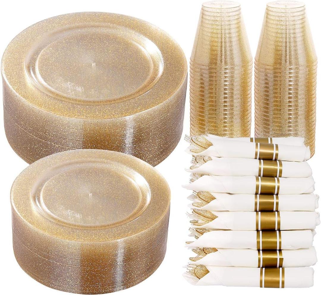 DaYammi 350 Pieces Gold Glitter Dinnerware Set 50 Guest for Party Christmas Plates Disposable - 50 Dinner Plates, 50 Dessert Platos -50 Per Rolled Napkins with Gold Cutlery -50 Disposable Cups 9 OZ