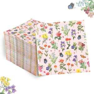 100 Pcs Floral Napkins Disposable Paper Wildflower Napkins, 2-Ply Retro Flower Dinner Napkins Pink Decorative Party Napkin for Spring Summer Picnic Wedding Baby Shower Birthday Tea Party