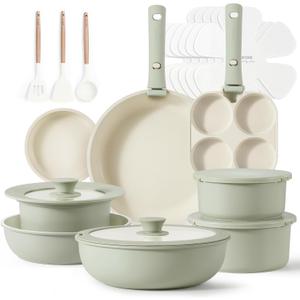 CAROTE 23pcs Pots and Pans Set Non Stick, Cookware Sets, Kitchen Set, Oven/Dishwasher/Fridge Safe, Space Saving Pots Set, Nonstick Set with Versatile Detachable Handle, Induction RV Set, Green